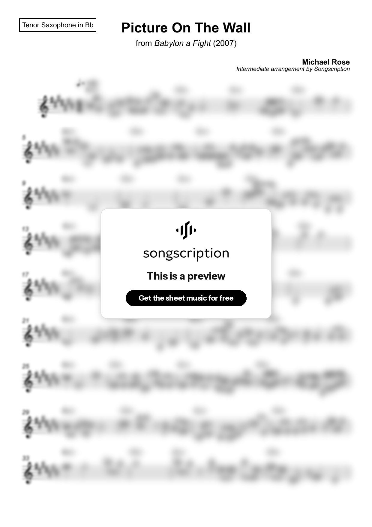 Intermediate Tenor Sax Sheet Music for "Picture On The Wall" by Michael Rose