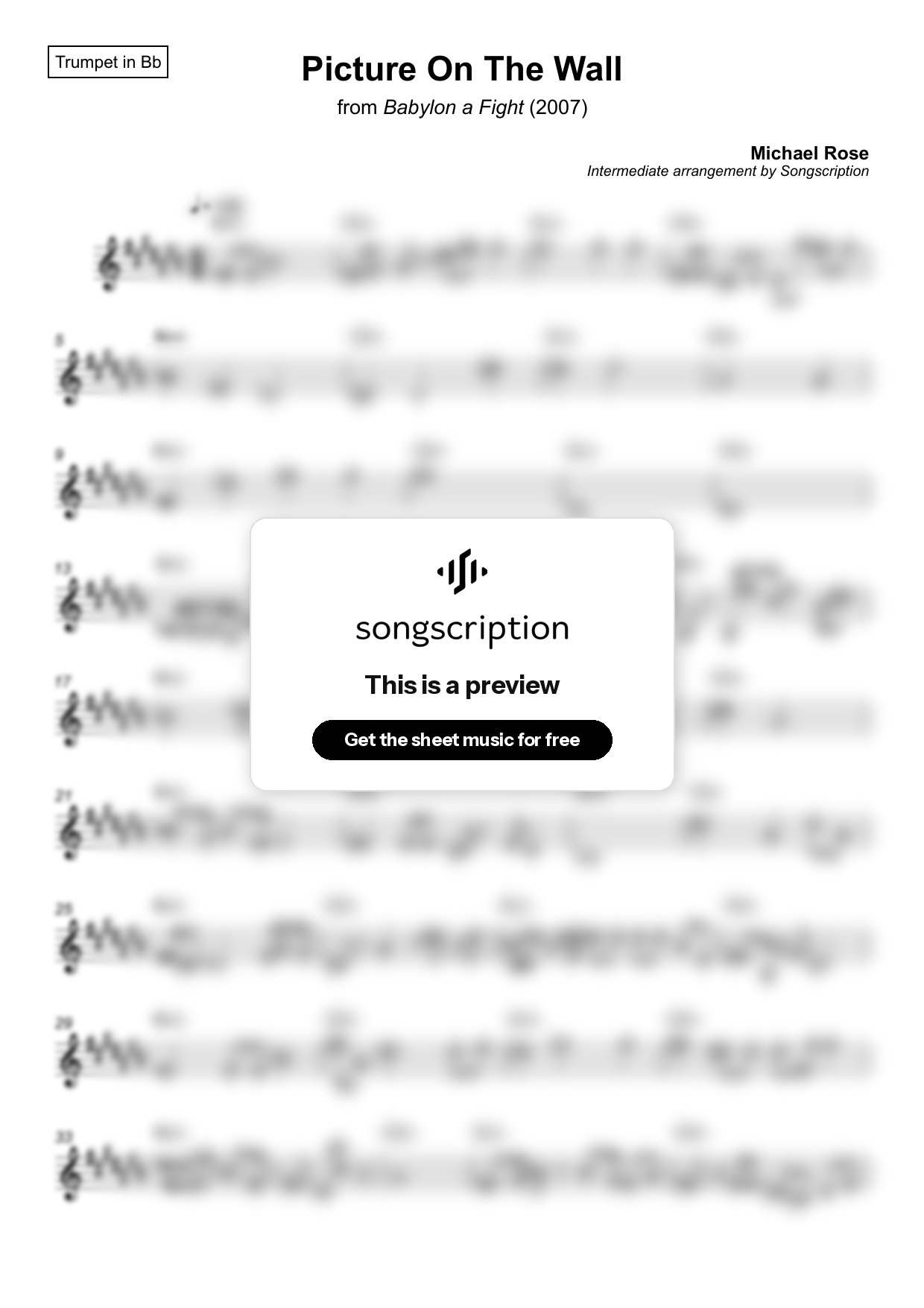 Intermediate Trumpet Sheet Music for "Picture On The Wall" by Michael Rose