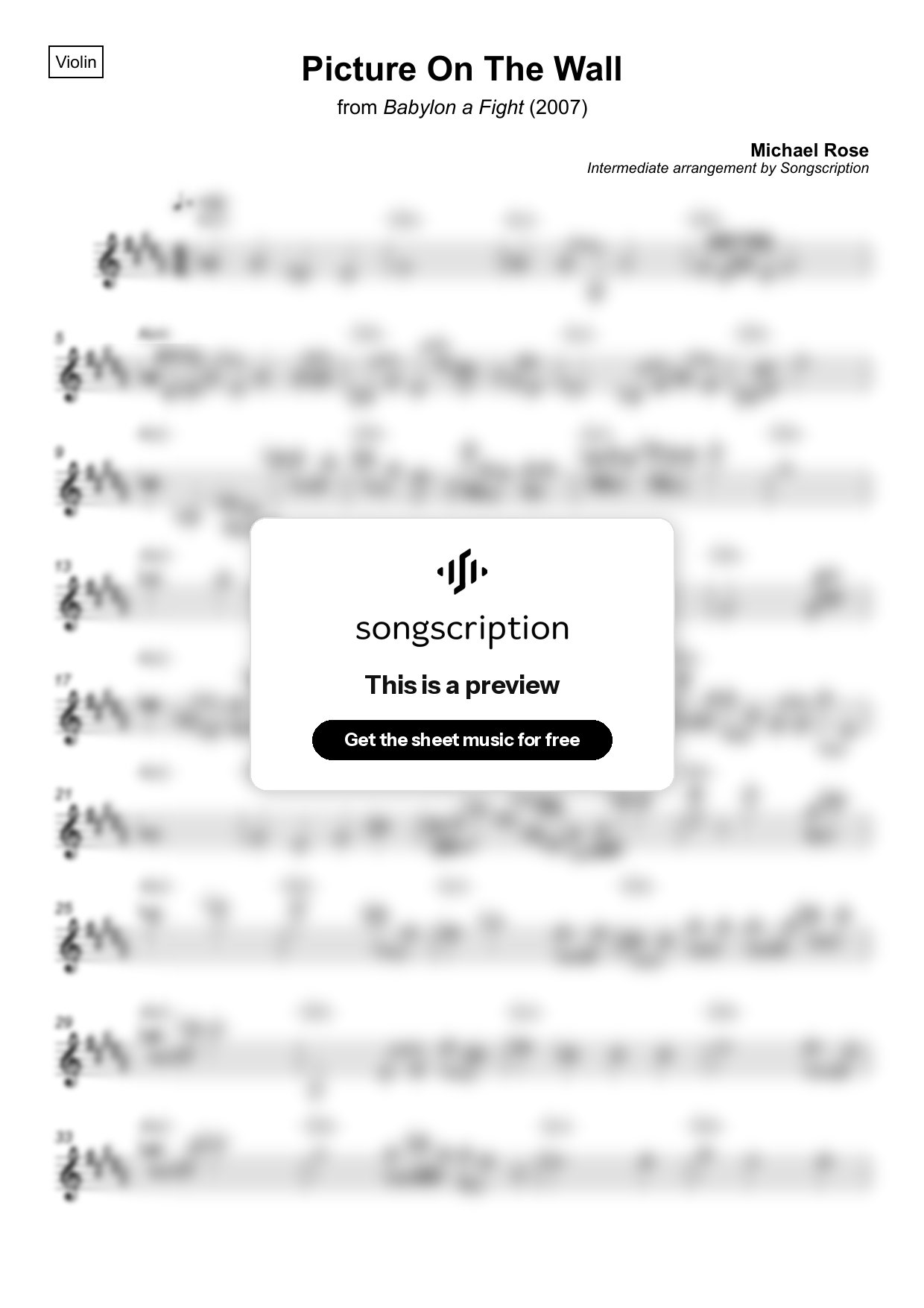 Intermediate Violin Sheet Music for "Picture On The Wall" by Michael Rose