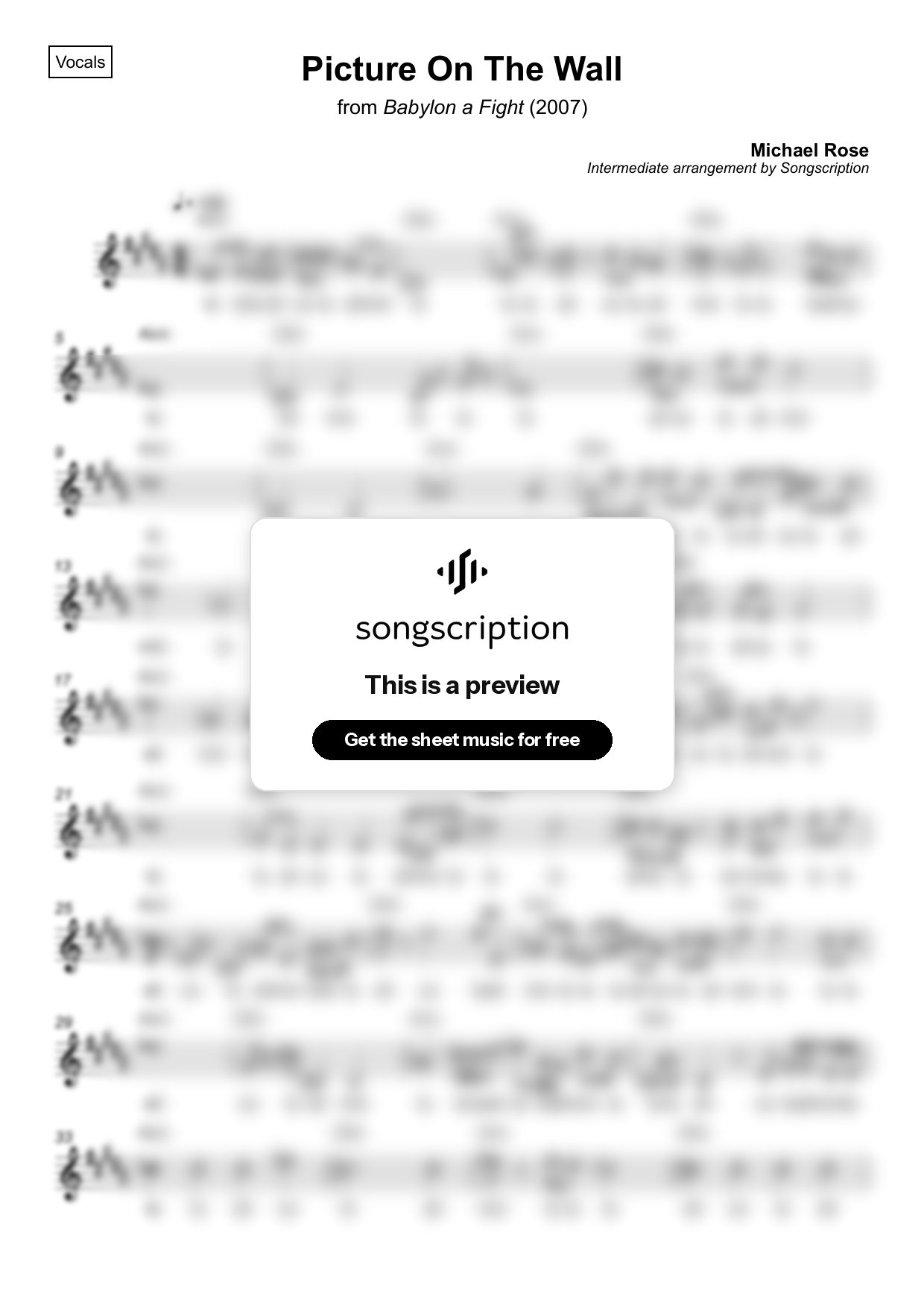 Intermediate Vocals Sheet Music for "Picture On The Wall" by Michael Rose