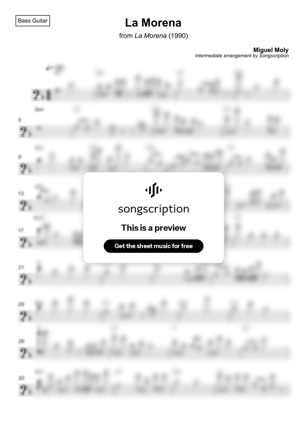 Intermediate Bass Guitar Sheet Music for "La Morena" by Miguel Moly