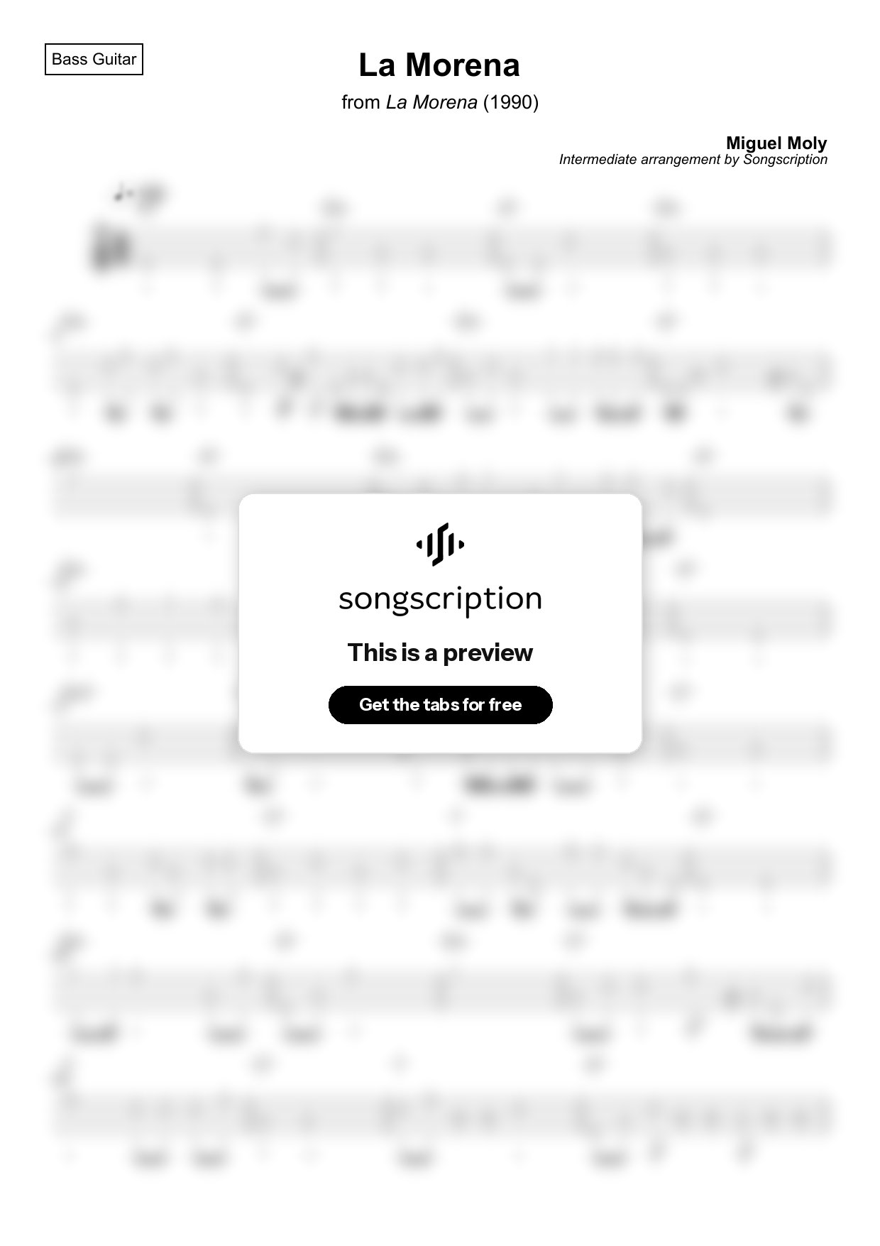 Intermediate Bass Guitar Tabs for "La Morena" by Miguel Moly