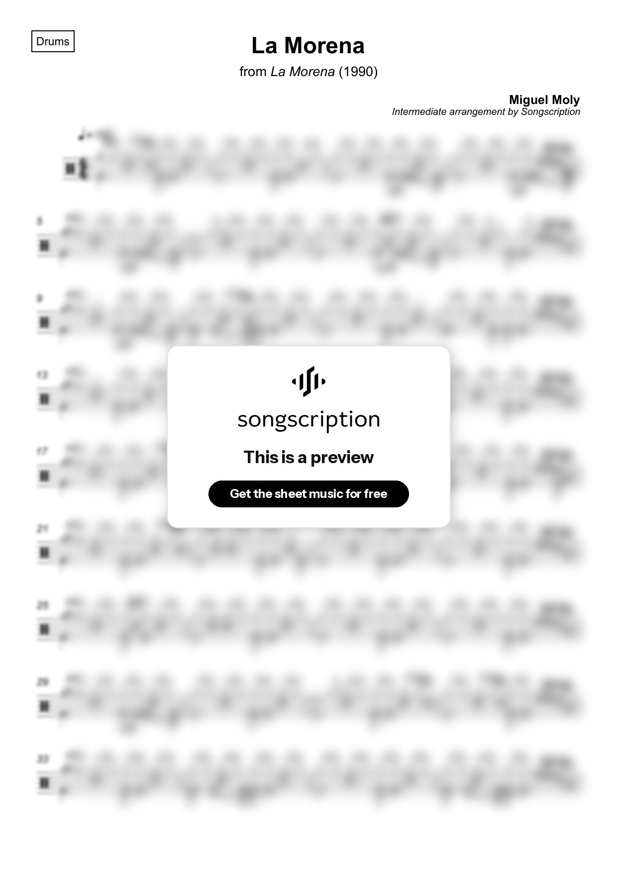 Intermediate Drums Sheet Music for "La Morena" by Miguel Moly