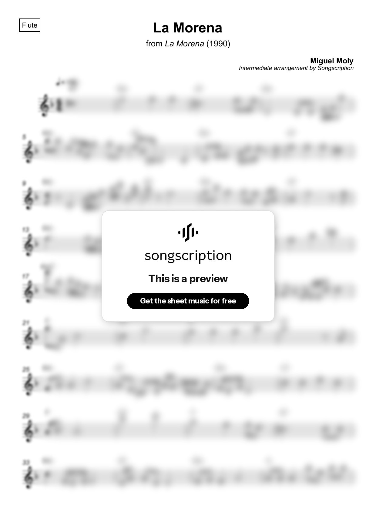 Intermediate Flute Sheet Music for "La Morena" by Miguel Moly