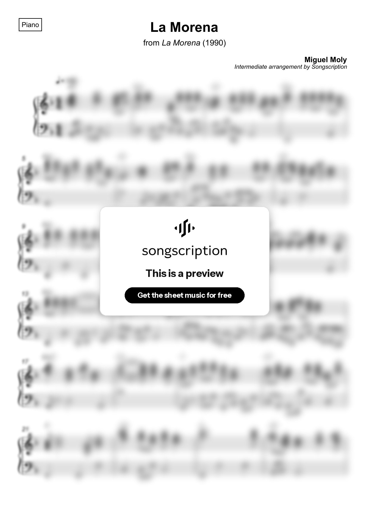 Intermediate Piano Sheet Music for "La Morena" by Miguel Moly