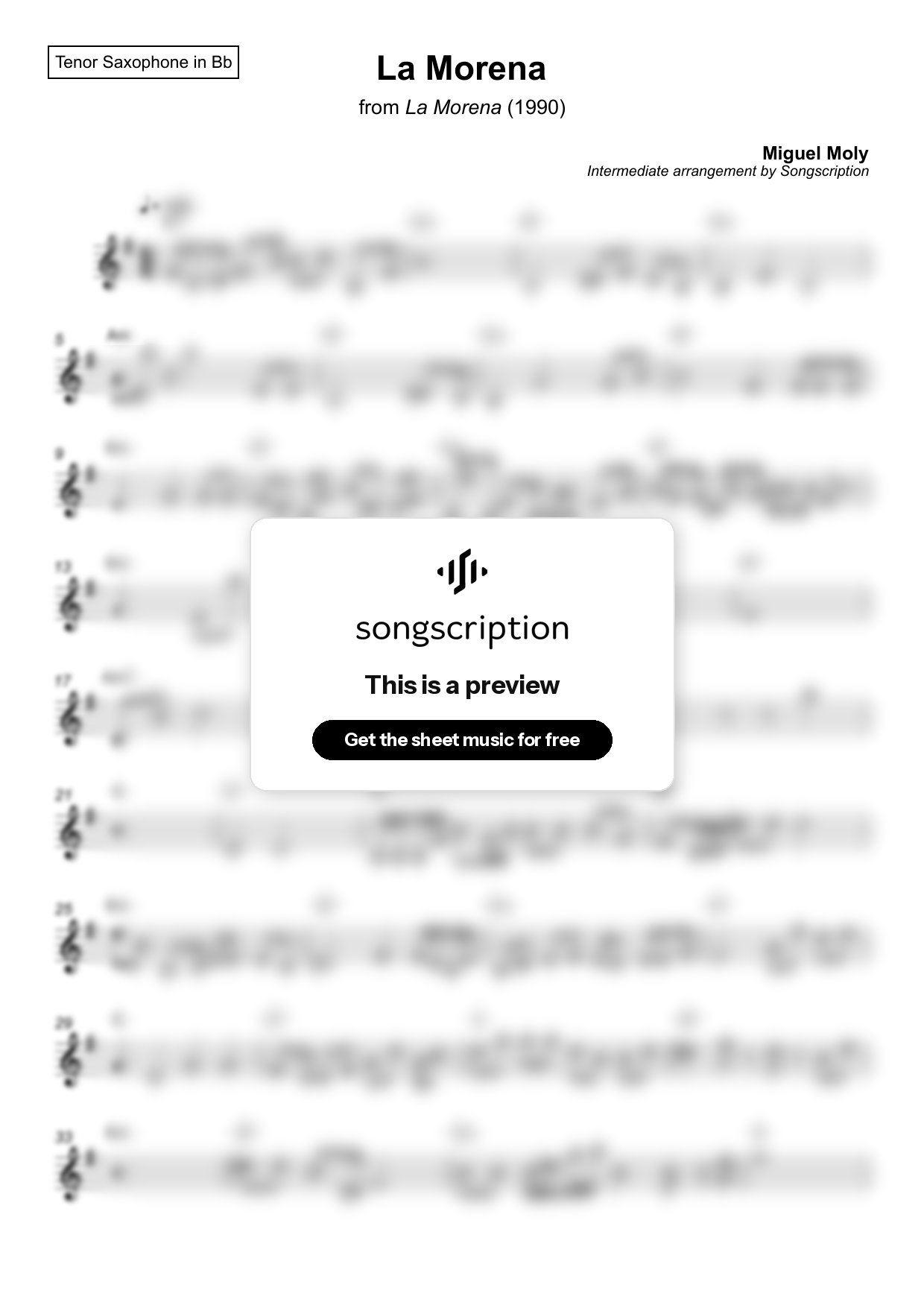 Intermediate Tenor Sax Sheet Music for "La Morena" by Miguel Moly