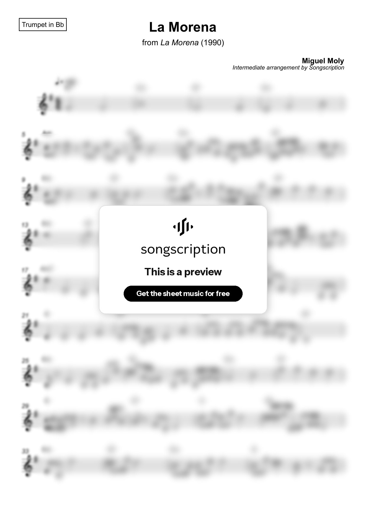 Intermediate Trumpet Sheet Music for "La Morena" by Miguel Moly