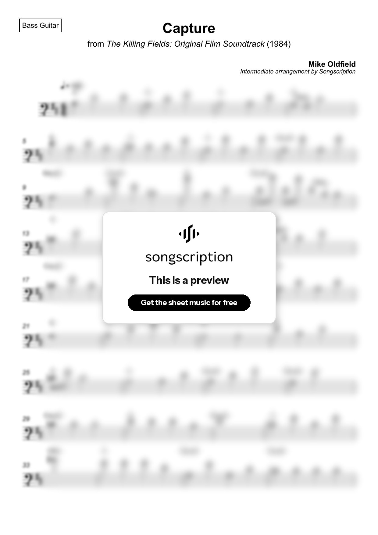 Intermediate Bass Guitar Sheet Music for "Capture" by Mike Oldfield