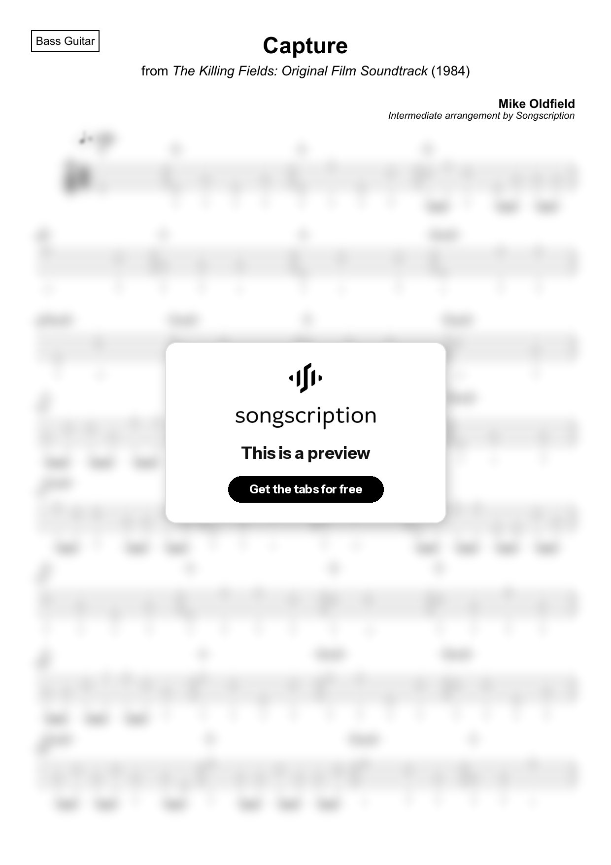 Intermediate Bass Guitar Tabs for "Capture" by Mike Oldfield