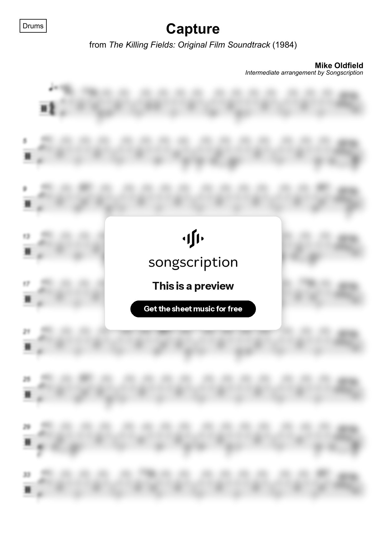 Intermediate Drums Sheet Music for "Capture" by Mike Oldfield