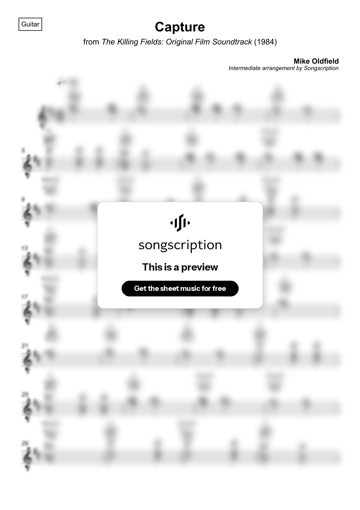Intermediate Acoustic Guitar Sheet Music for "Capture" by Mike Oldfield