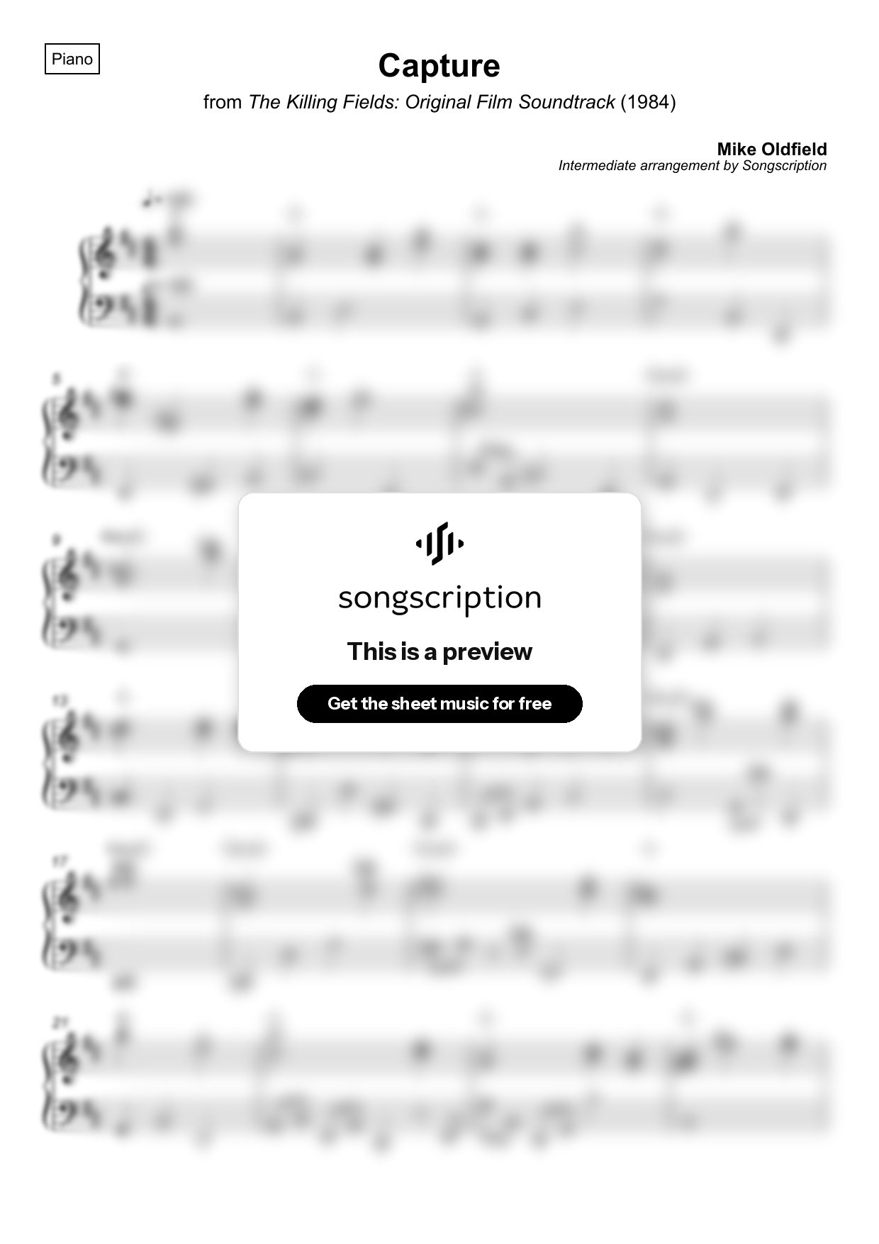 Intermediate Piano Sheet Music for "Capture" by Mike Oldfield