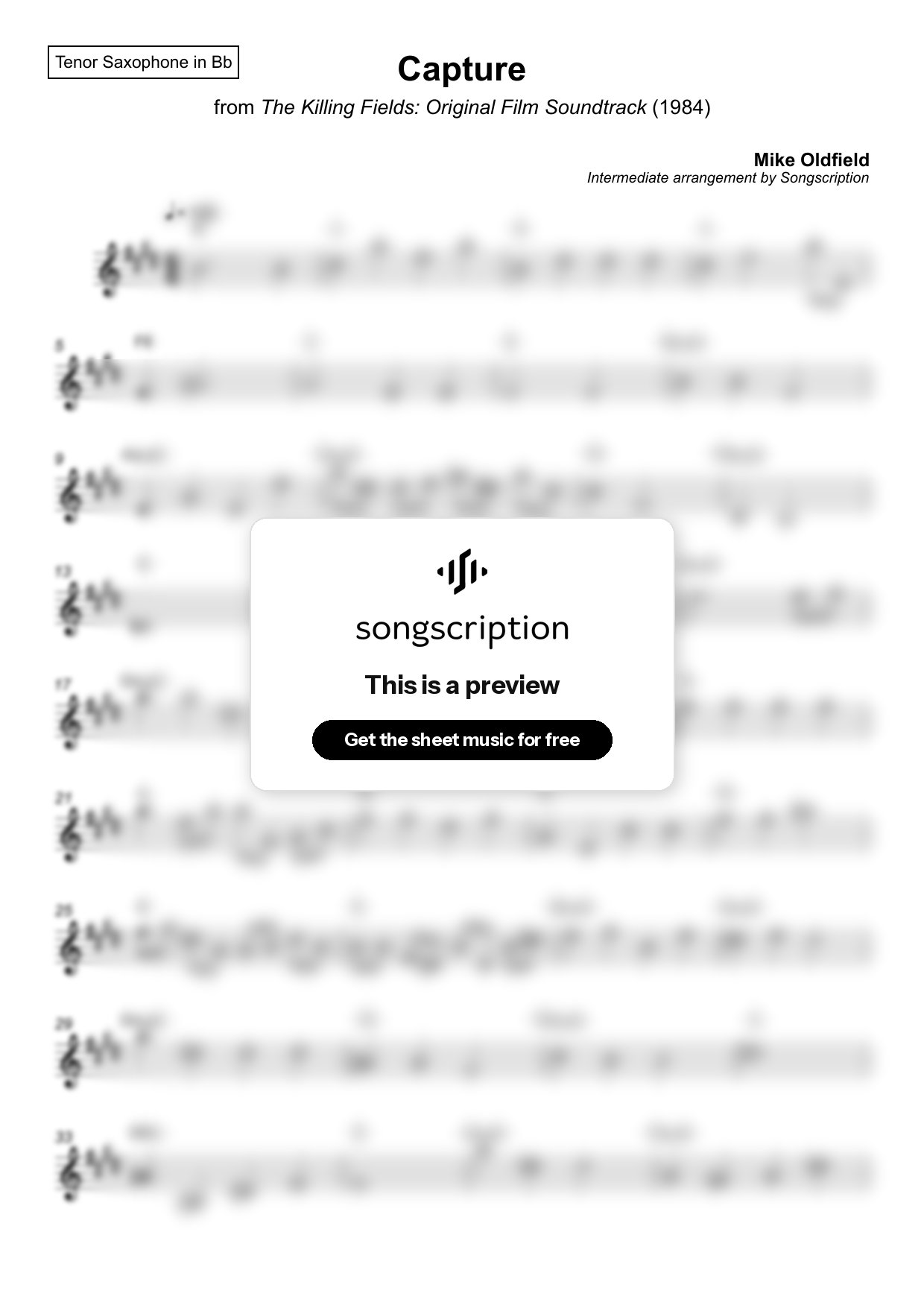 Intermediate Tenor Sax Sheet Music for "Capture" by Mike Oldfield