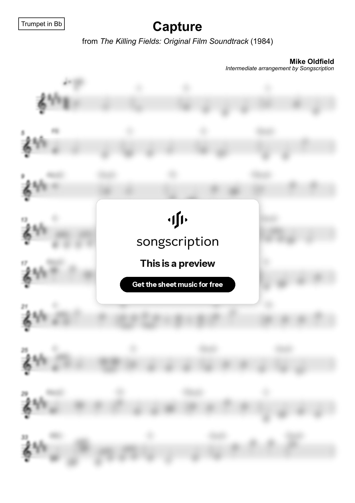 Intermediate Trumpet Sheet Music for "Capture" by Mike Oldfield