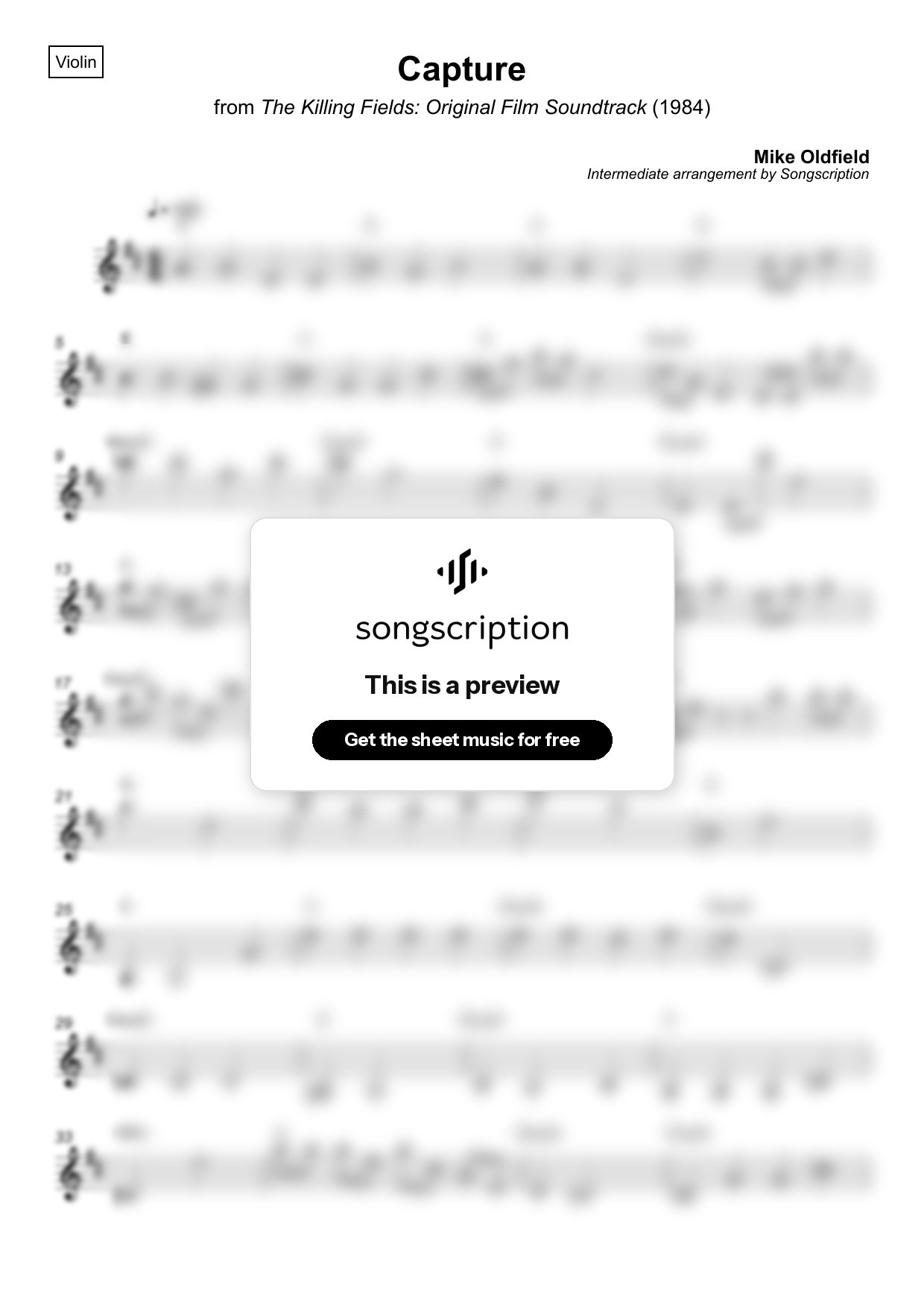Intermediate Violin Sheet Music for "Capture" by Mike Oldfield