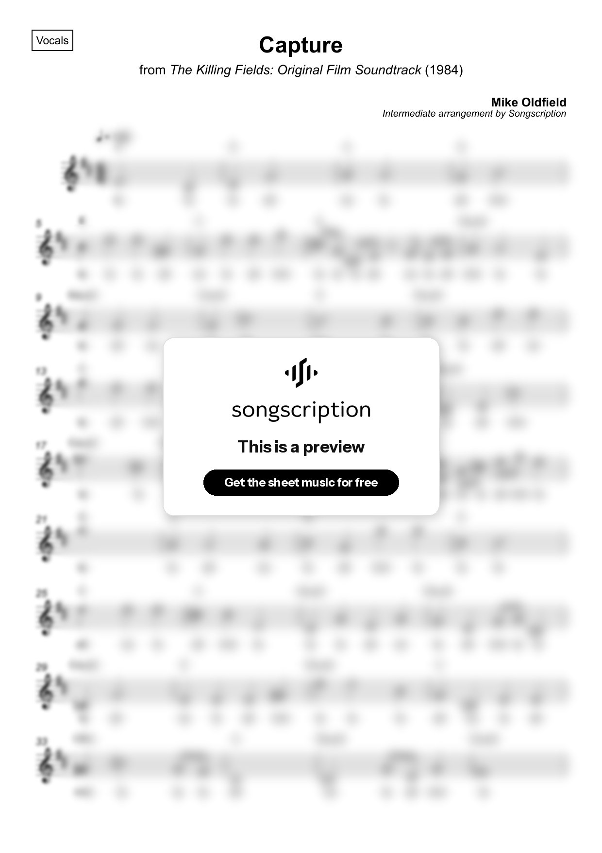 Intermediate Vocals Sheet Music for "Capture" by Mike Oldfield