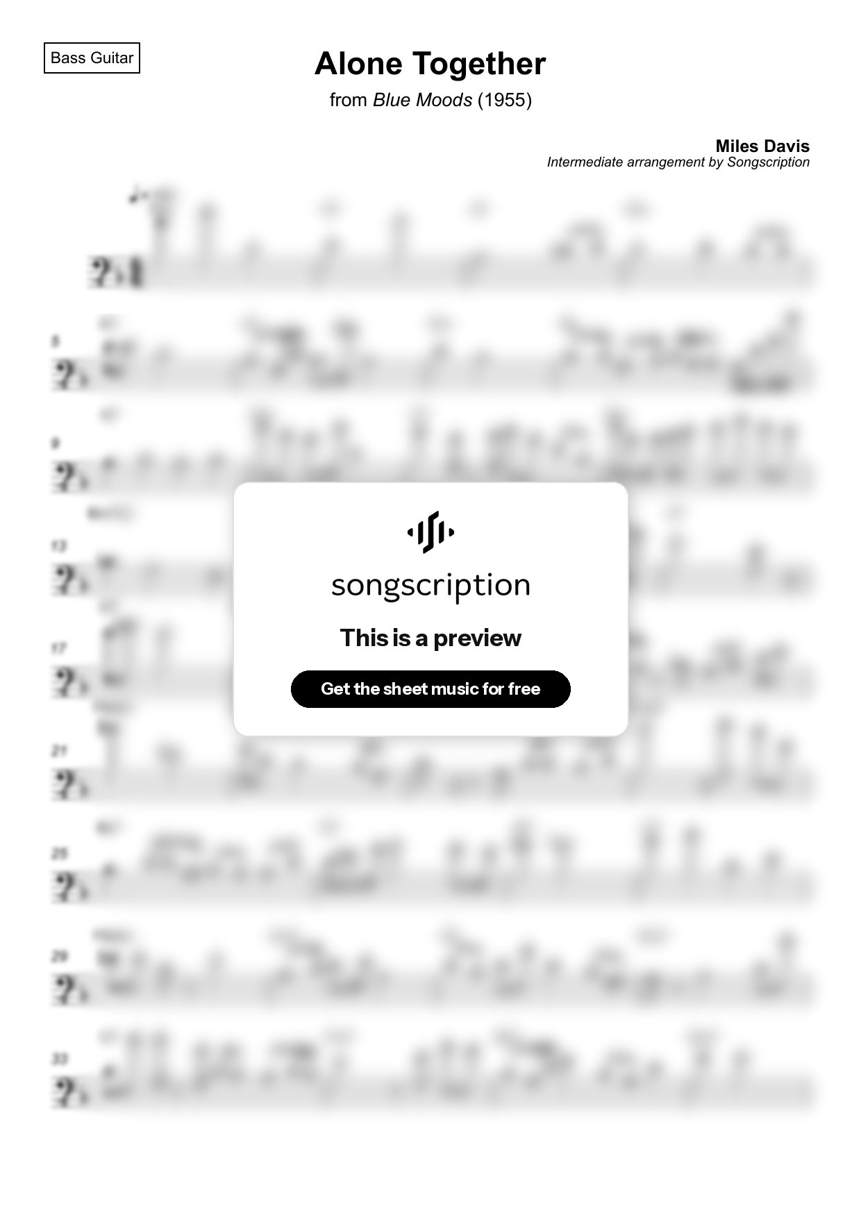 Intermediate Bass Guitar Sheet Music for "Alone Together" by Miles Davis