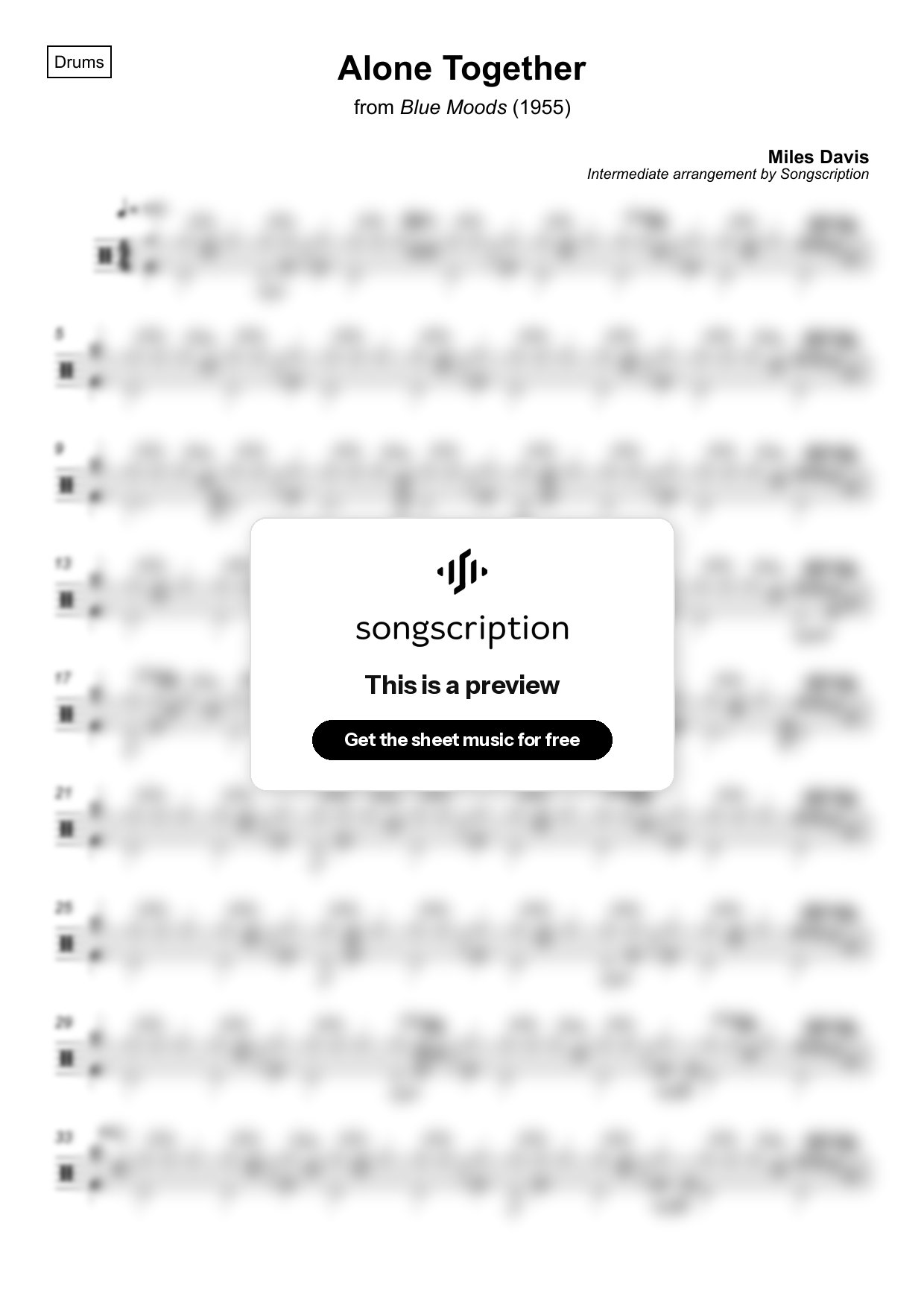 Intermediate Drums Sheet Music for "Alone Together" by Miles Davis