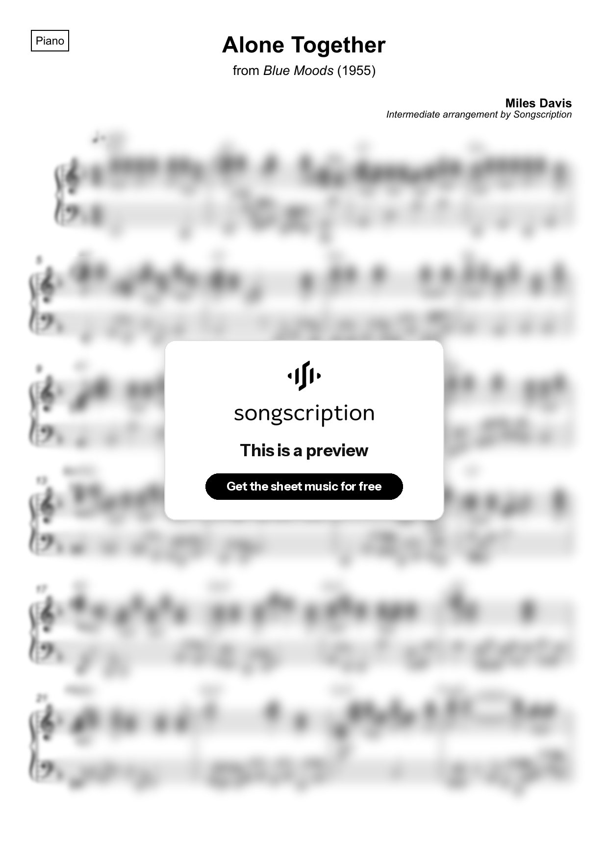 Intermediate Piano Sheet Music for "Alone Together" by Miles Davis