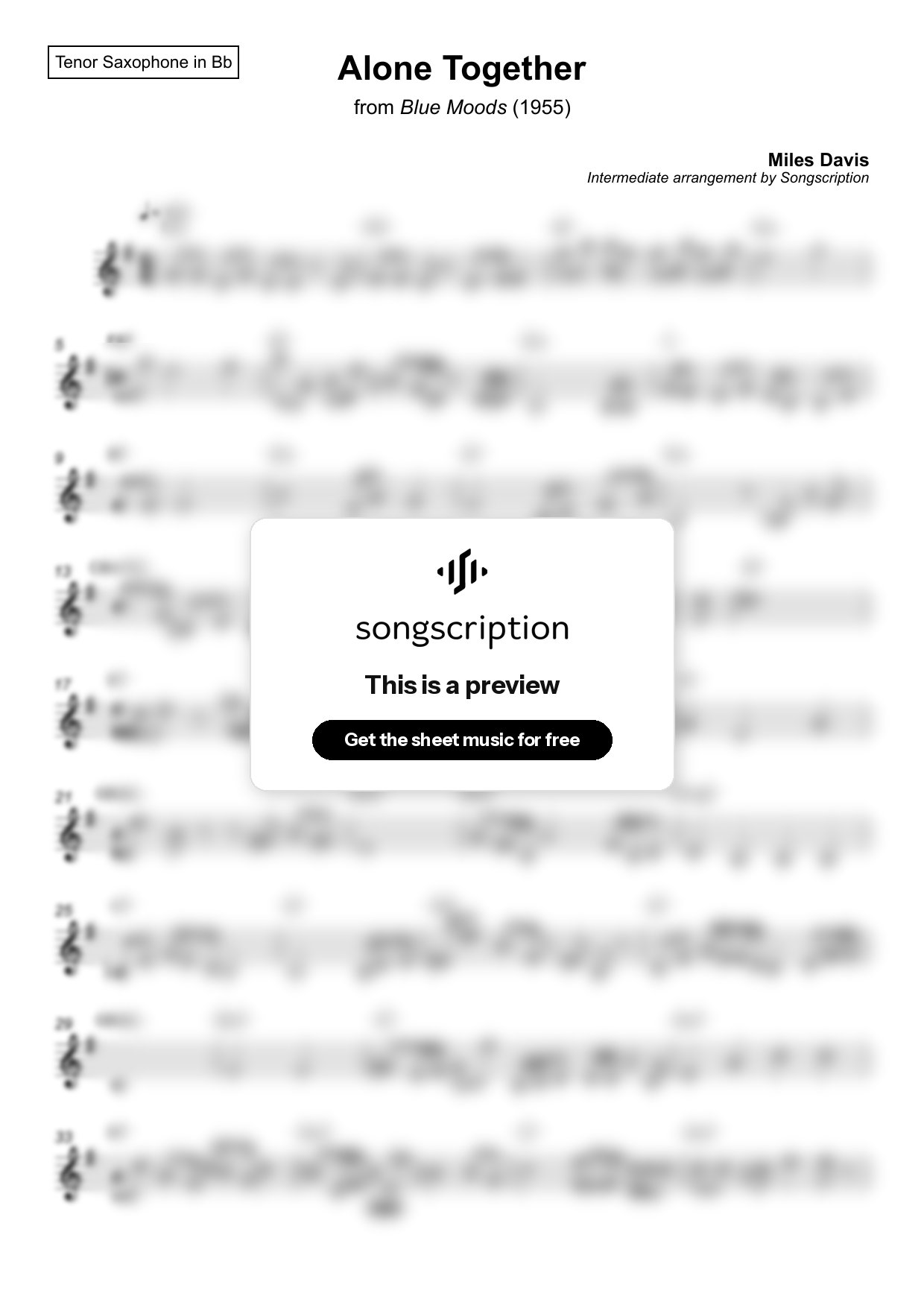 Intermediate Tenor Sax Sheet Music for "Alone Together" by Miles Davis