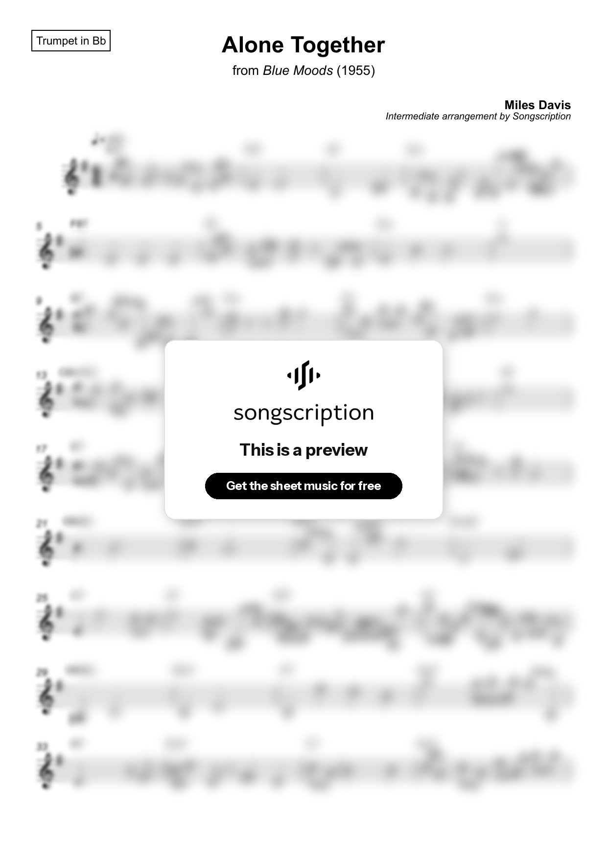 Intermediate Trumpet Sheet Music for "Alone Together" by Miles Davis