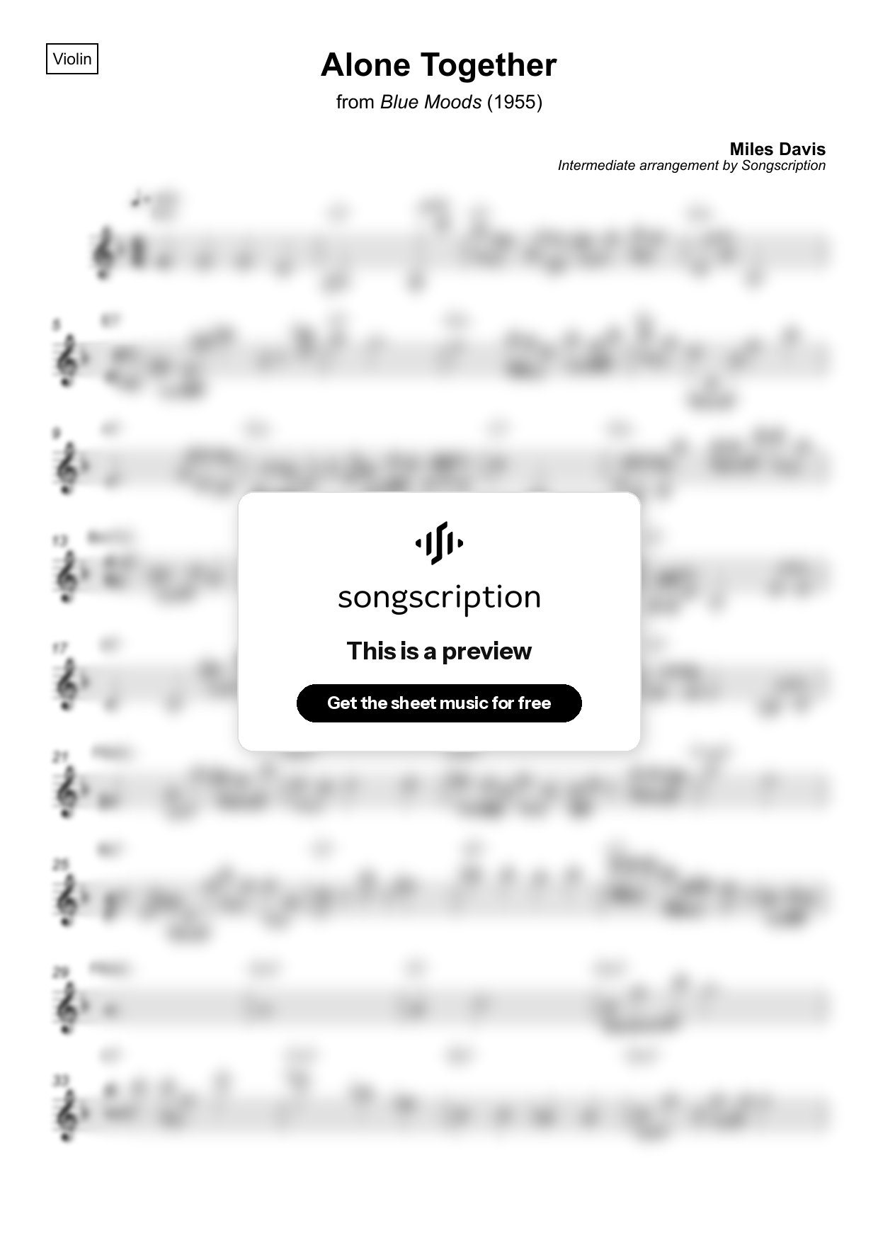 Intermediate Violin Sheet Music for "Alone Together" by Miles Davis