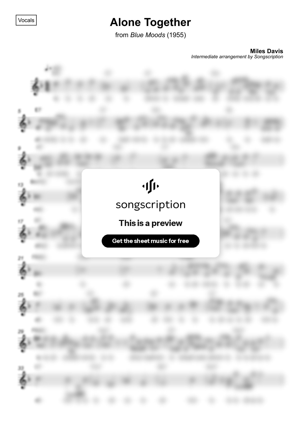 Intermediate Vocals Sheet Music for "Alone Together" by Miles Davis