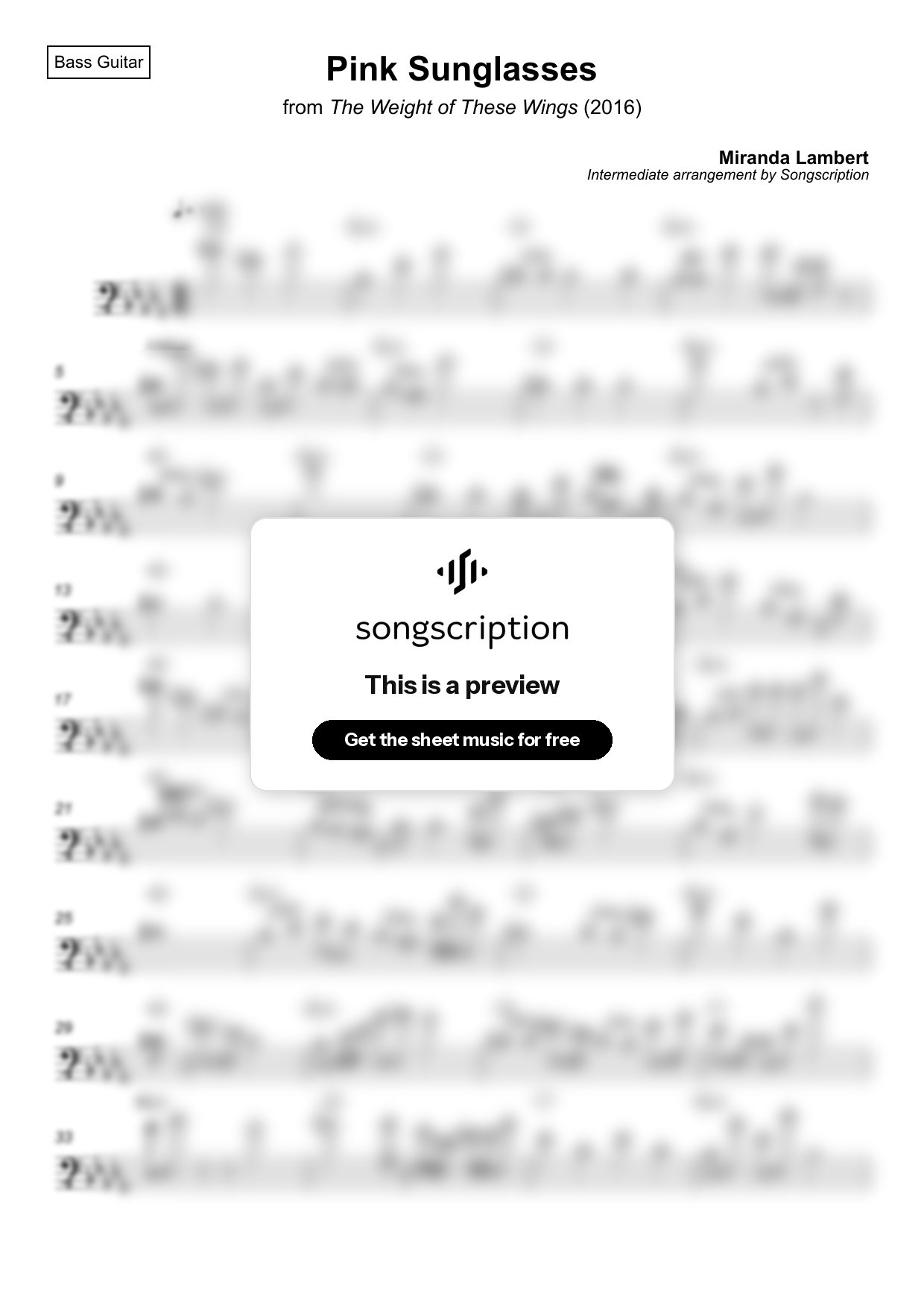 Intermediate Bass Guitar Sheet Music for "Pink Sunglasses" by Miranda Lambert