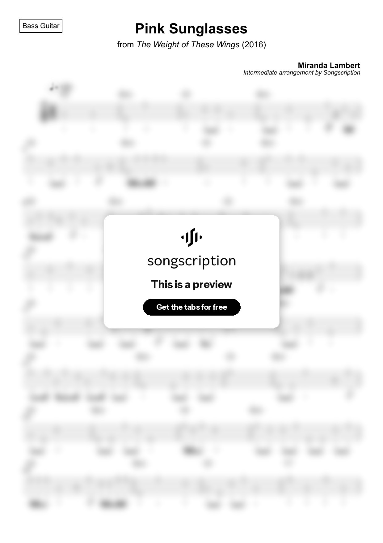 Intermediate Bass Guitar Tabs for "Pink Sunglasses" by Miranda Lambert