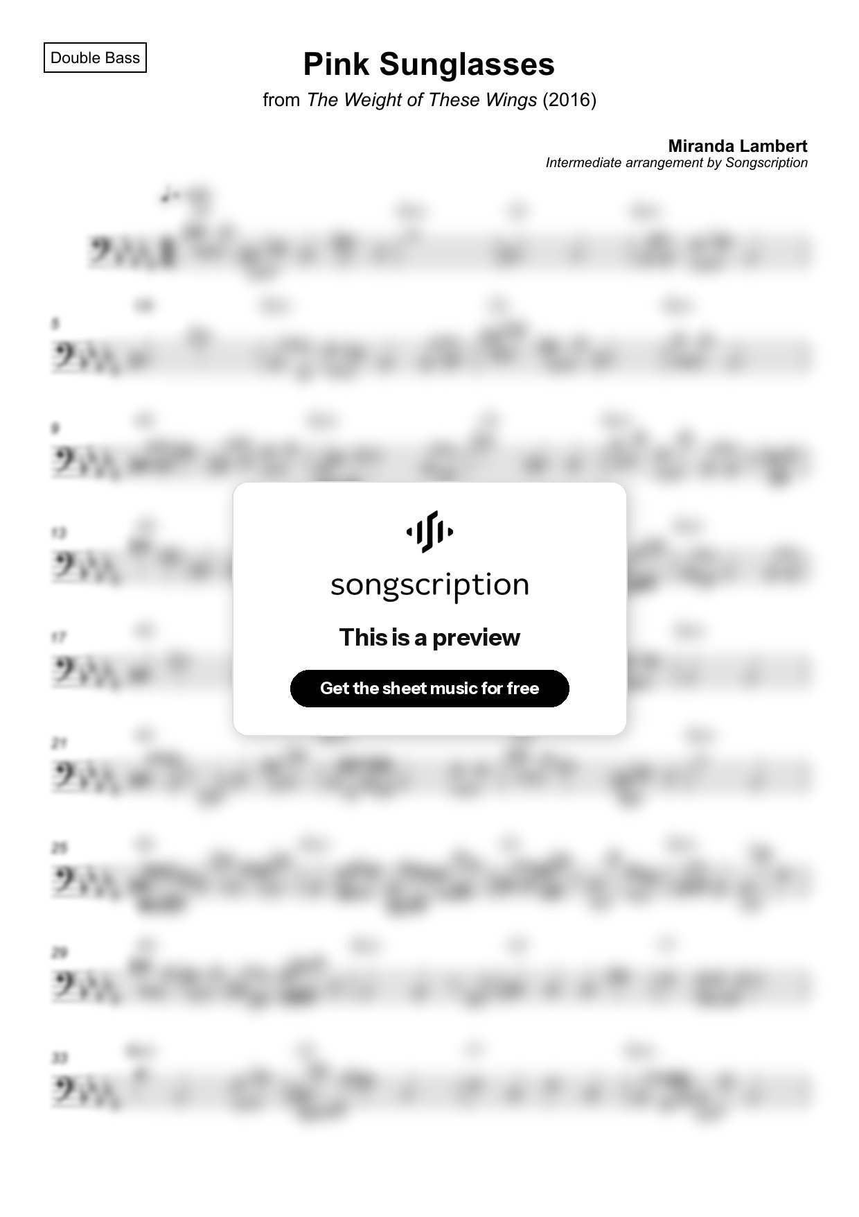 Intermediate Double Bass Sheet Music for "Pink Sunglasses" by Miranda Lambert