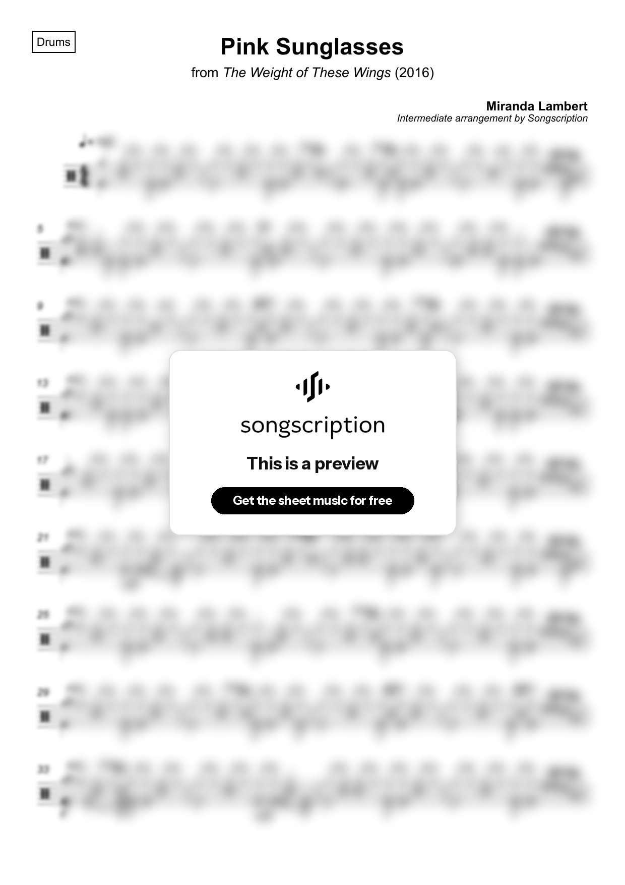 Intermediate Drums Sheet Music for "Pink Sunglasses" by Miranda Lambert