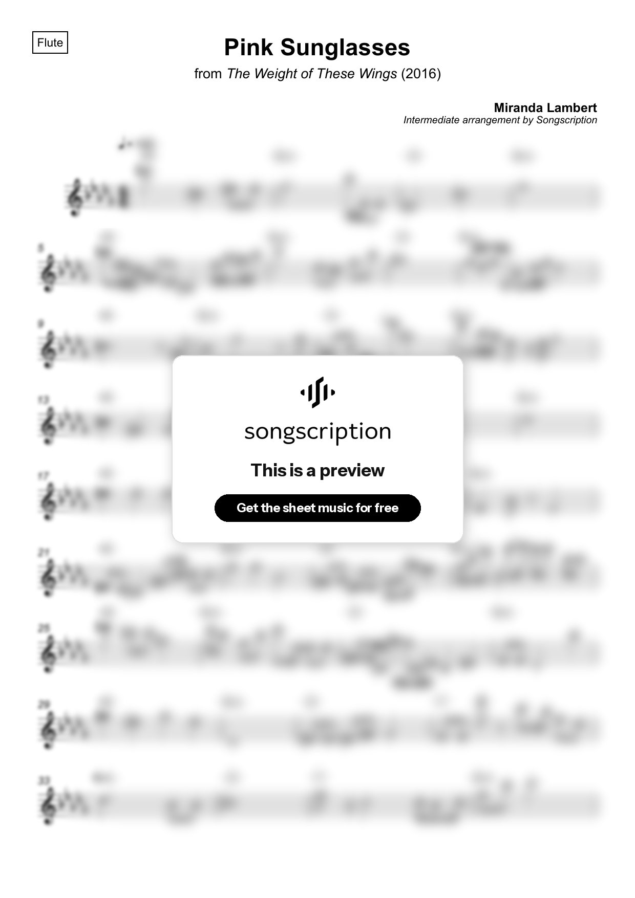 Intermediate Flute Sheet Music for "Pink Sunglasses" by Miranda Lambert