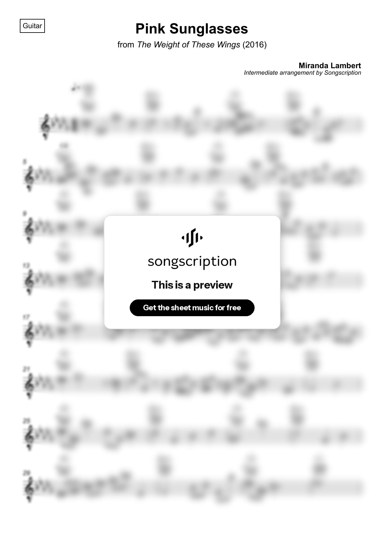 Intermediate Acoustic Guitar Sheet Music for "Pink Sunglasses" by Miranda Lambert