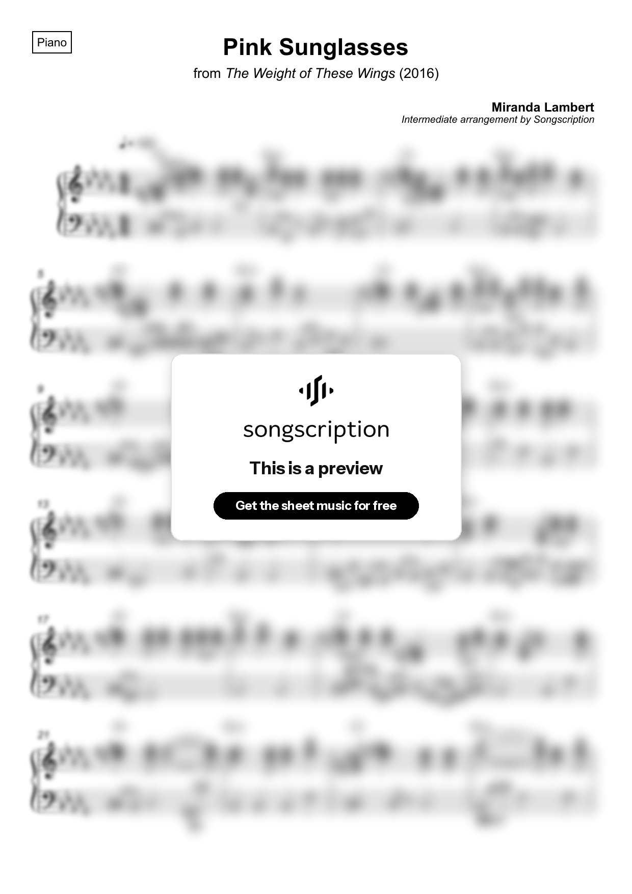 Intermediate Piano Sheet Music for "Pink Sunglasses" by Miranda Lambert