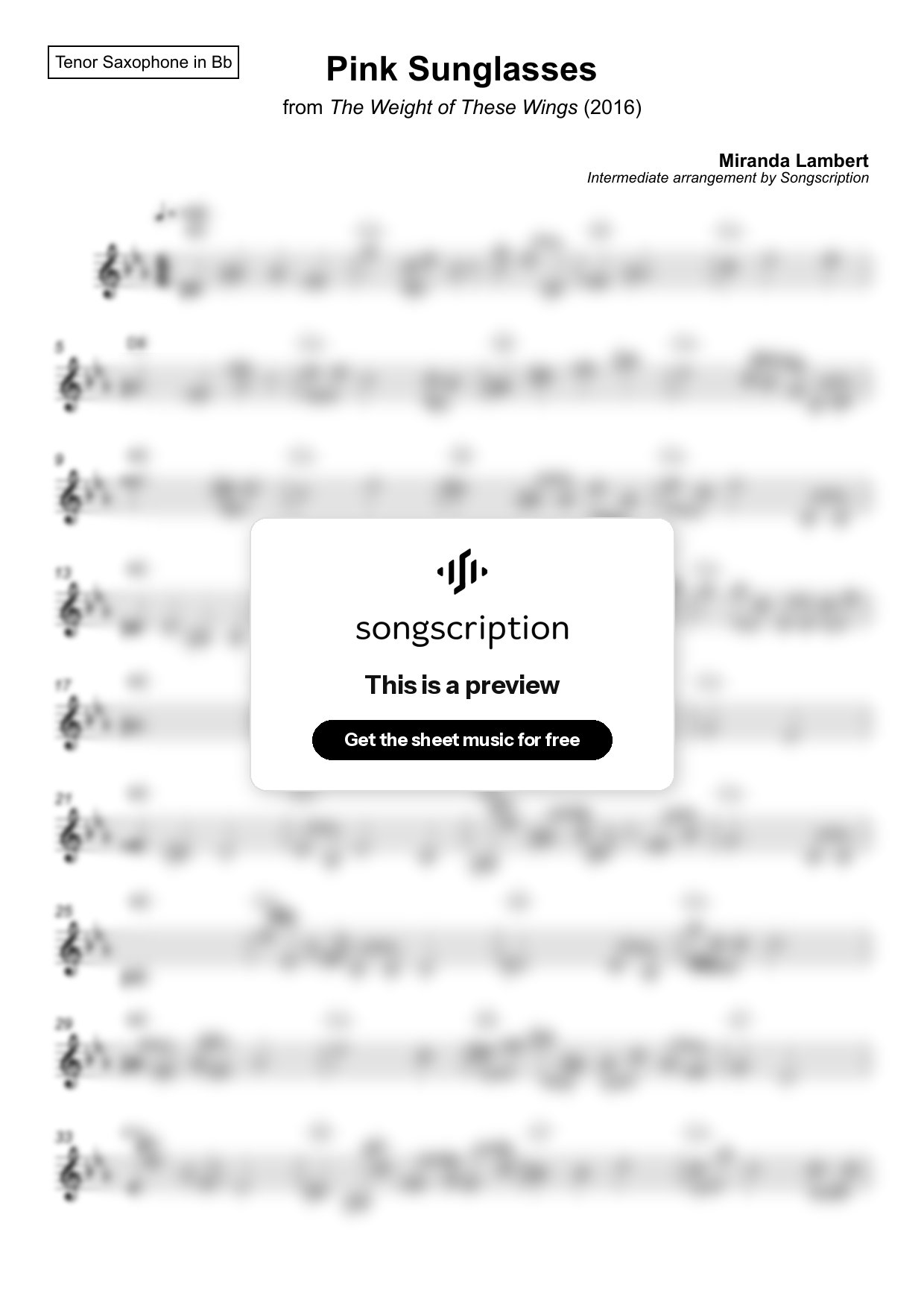 Intermediate Tenor Sax Sheet Music for "Pink Sunglasses" by Miranda Lambert