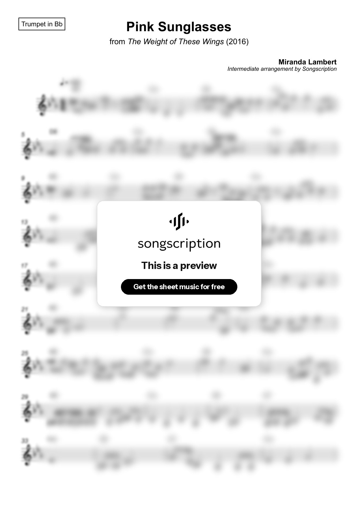 Intermediate Trumpet Sheet Music for "Pink Sunglasses" by Miranda Lambert