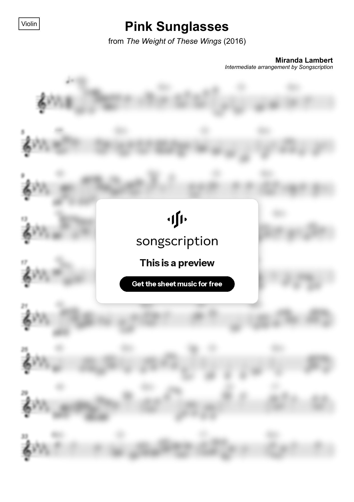 Intermediate Violin Sheet Music for "Pink Sunglasses" by Miranda Lambert