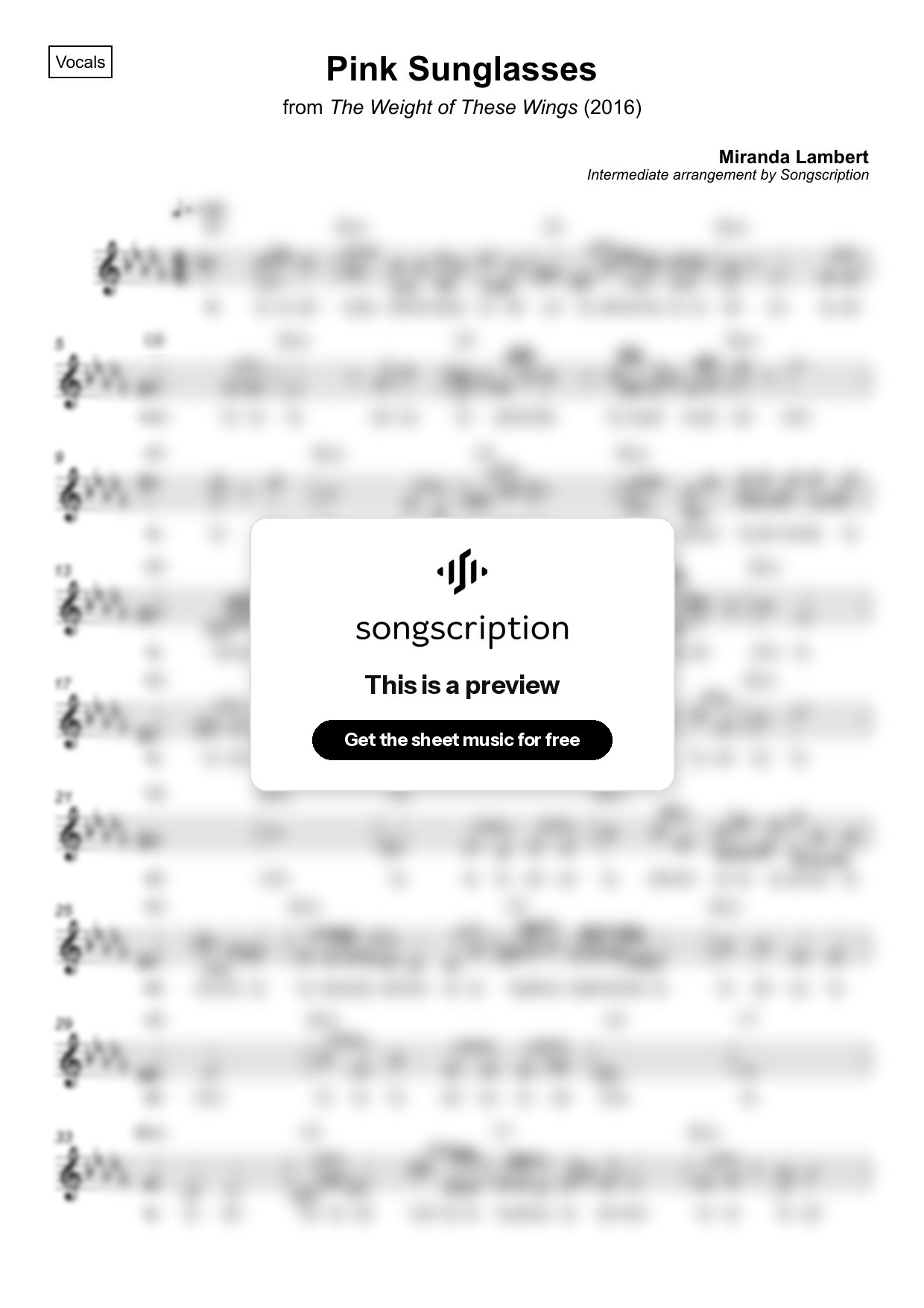 Intermediate Vocals Sheet Music for "Pink Sunglasses" by Miranda Lambert