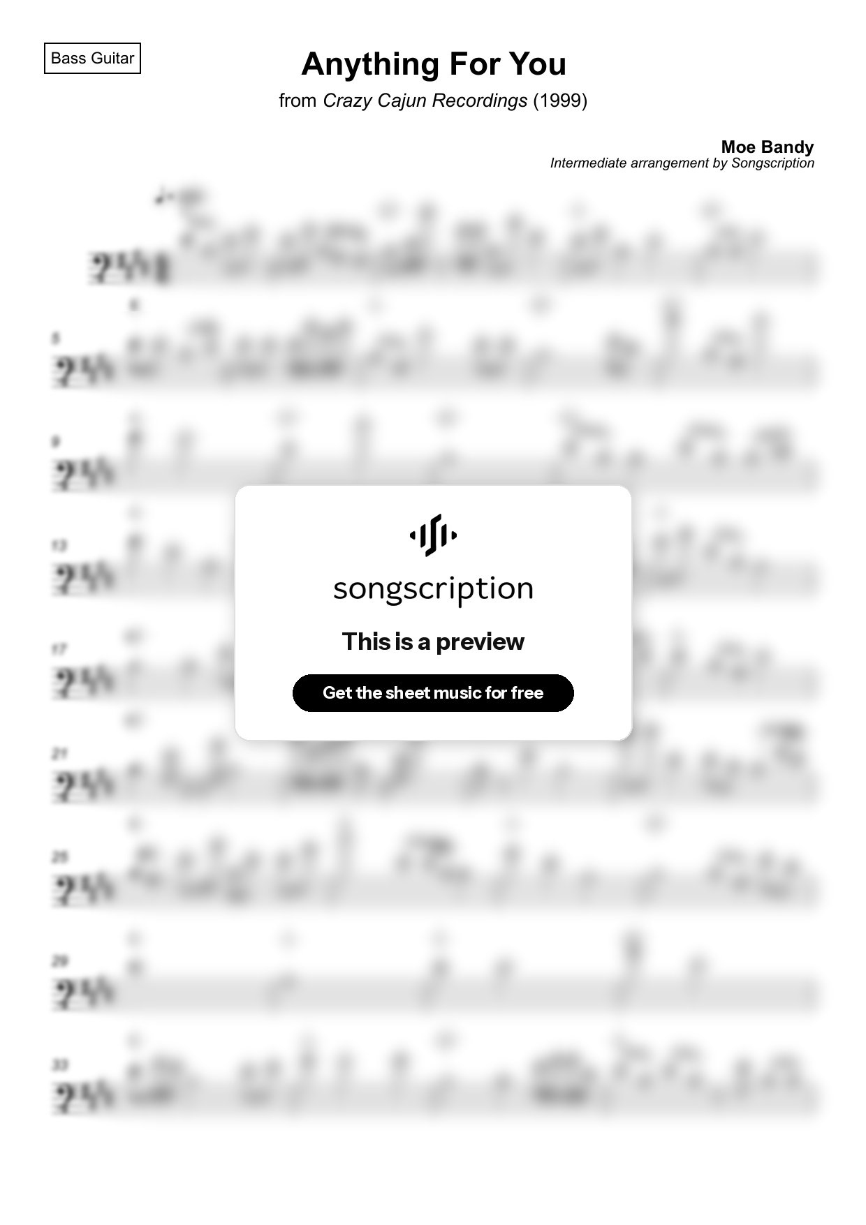 Intermediate Bass Guitar Sheet Music for "Anything For You" by Moe Bandy