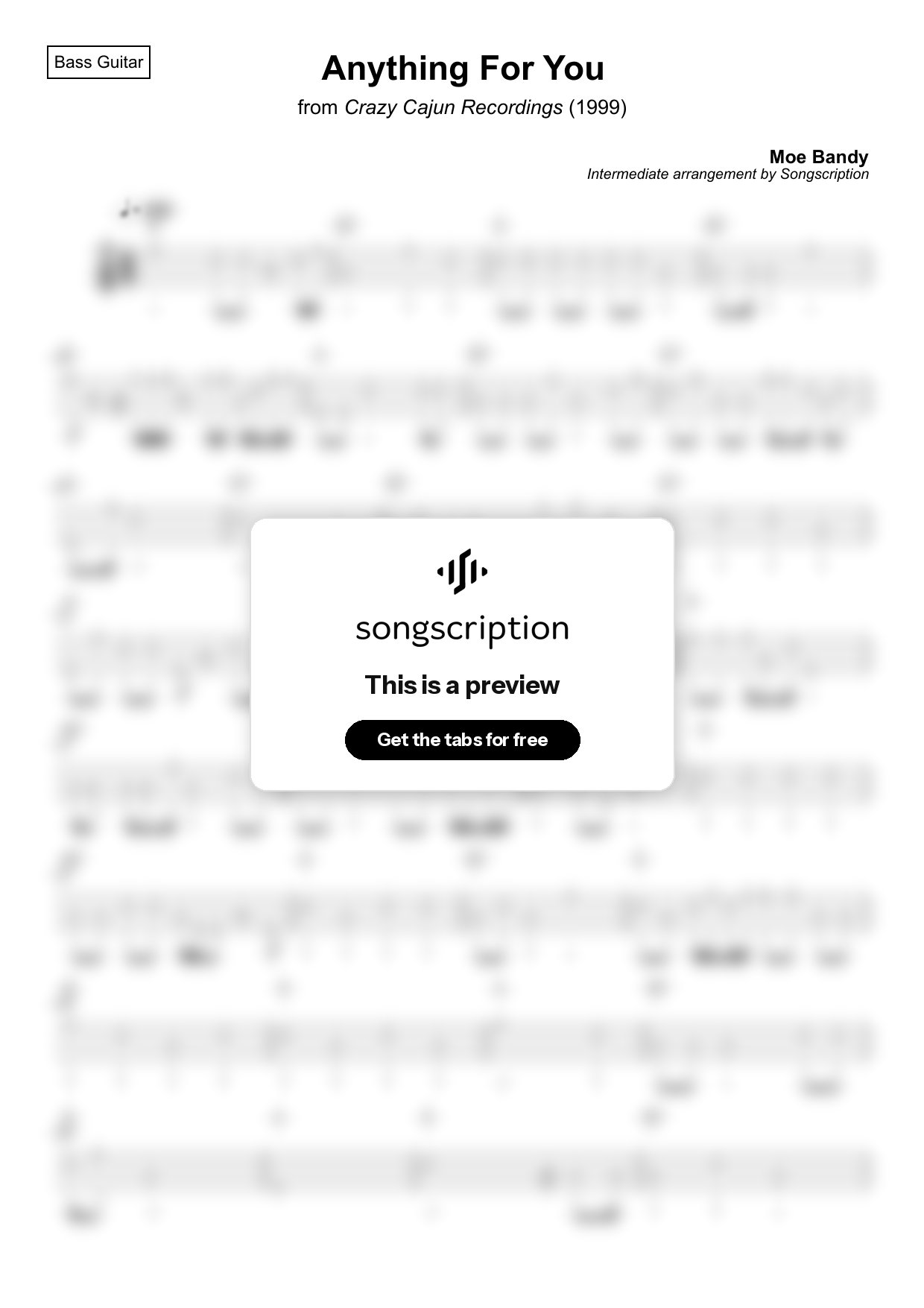 Intermediate Bass Guitar Tabs for "Anything For You" by Moe Bandy