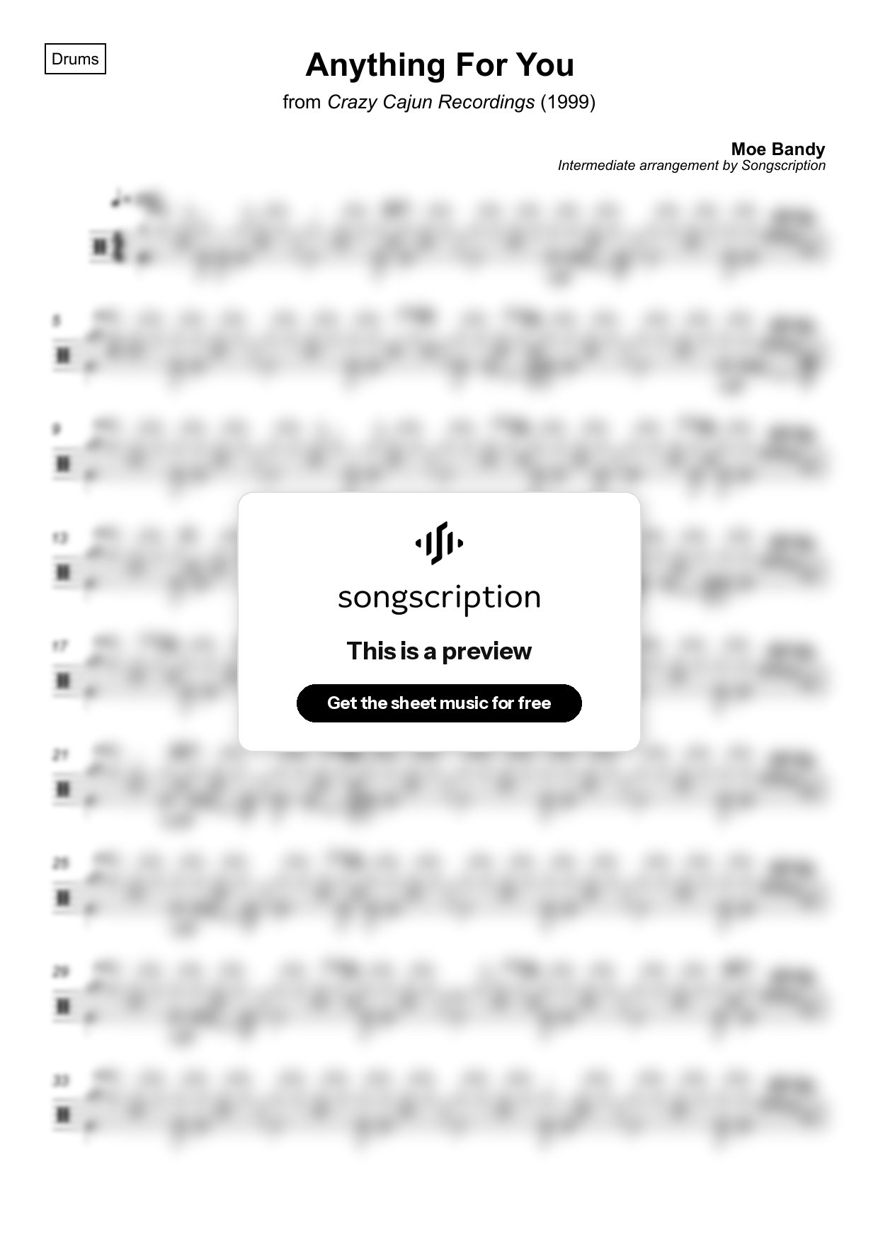Intermediate Drums Sheet Music for "Anything For You" by Moe Bandy