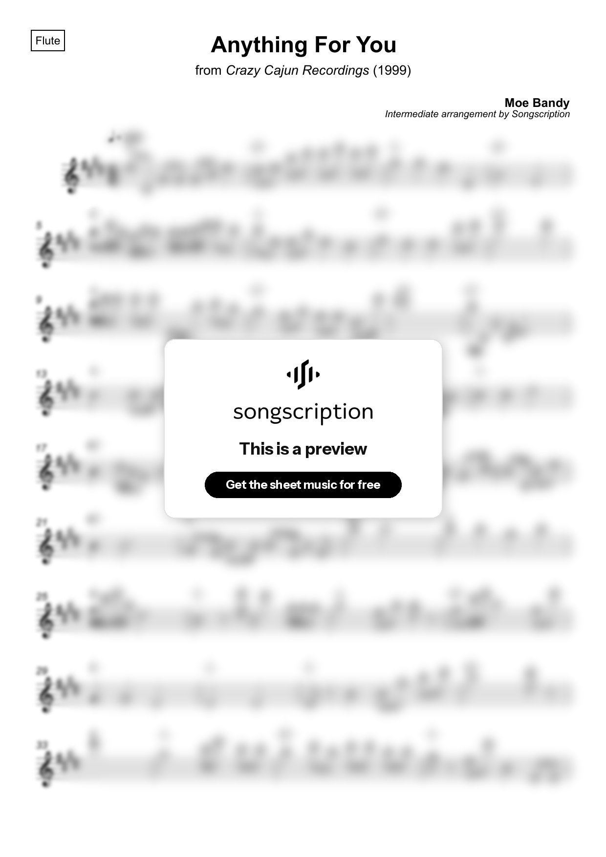 Intermediate Flute Sheet Music for "Anything For You" by Moe Bandy
