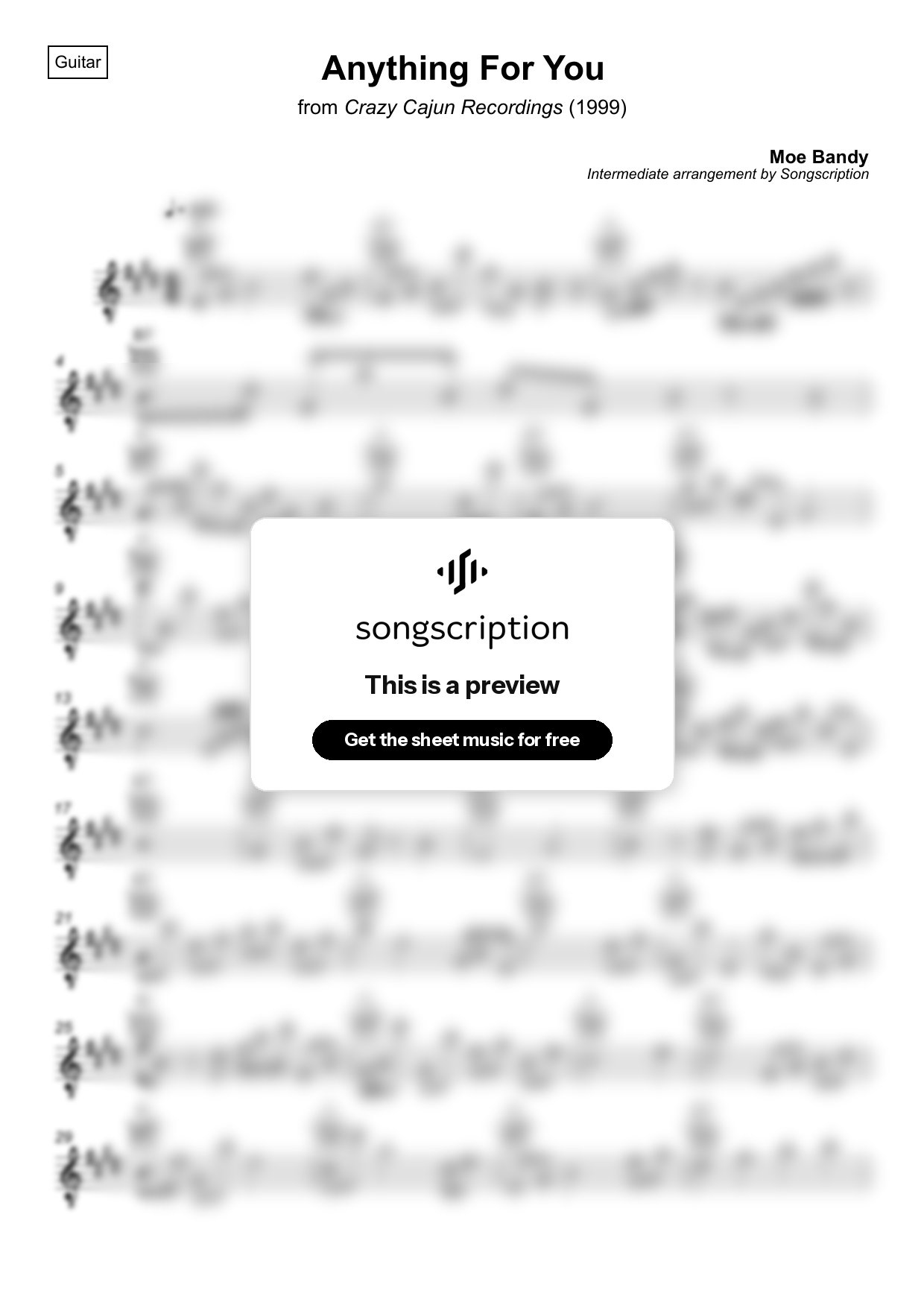 Intermediate Acoustic Guitar Sheet Music for "Anything For You" by Moe Bandy