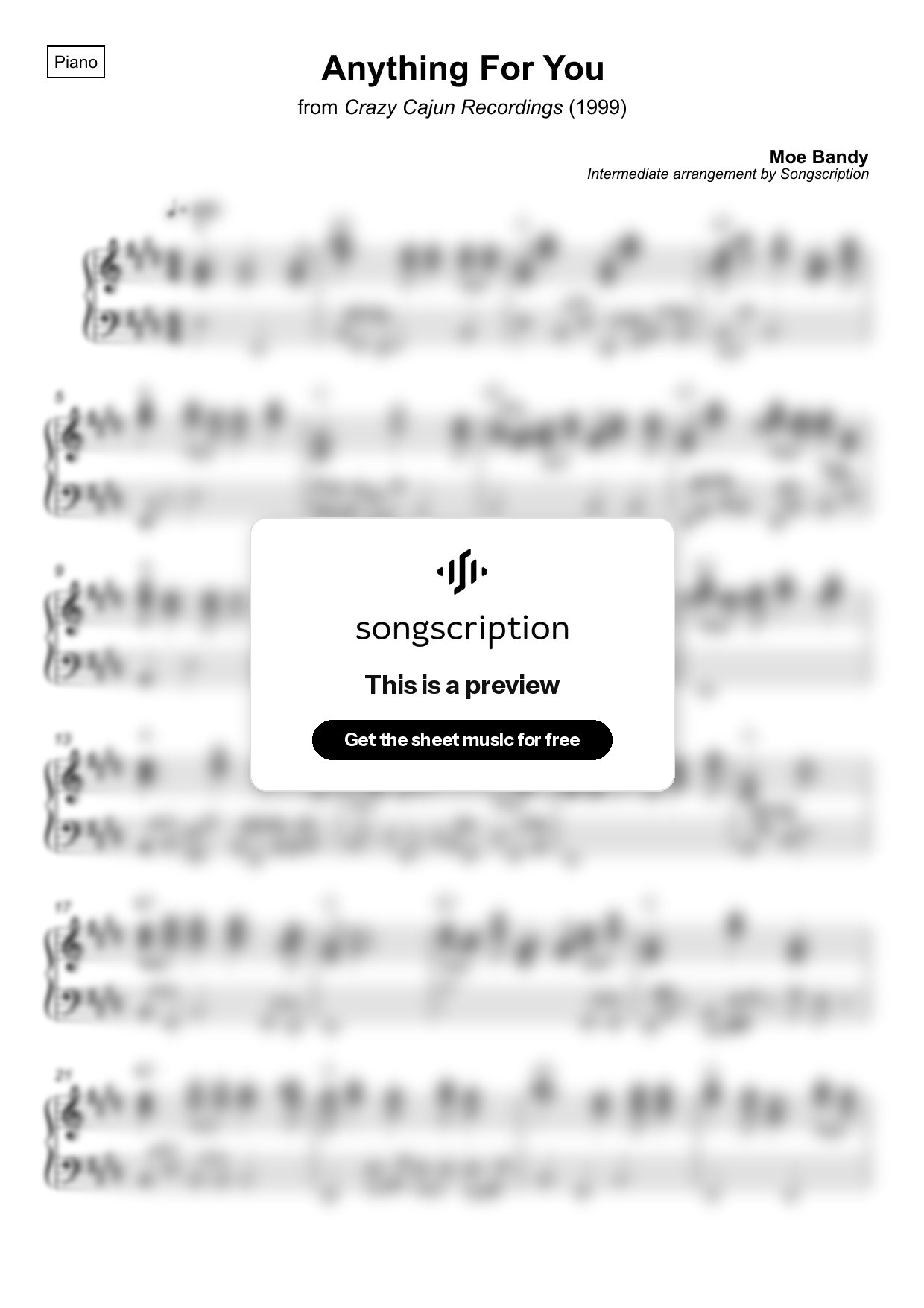 Intermediate Piano Sheet Music for "Anything For You" by Moe Bandy