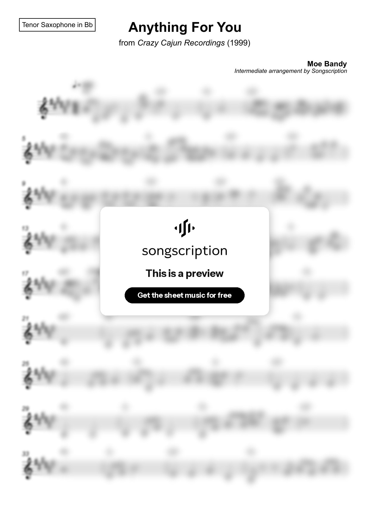 Intermediate Tenor Sax Sheet Music for "Anything For You" by Moe Bandy