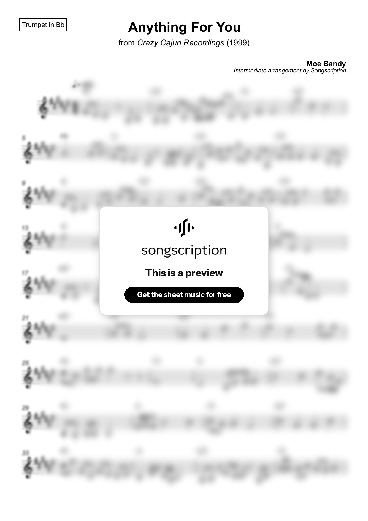 Intermediate Trumpet Sheet Music for "Anything For You" by Moe Bandy