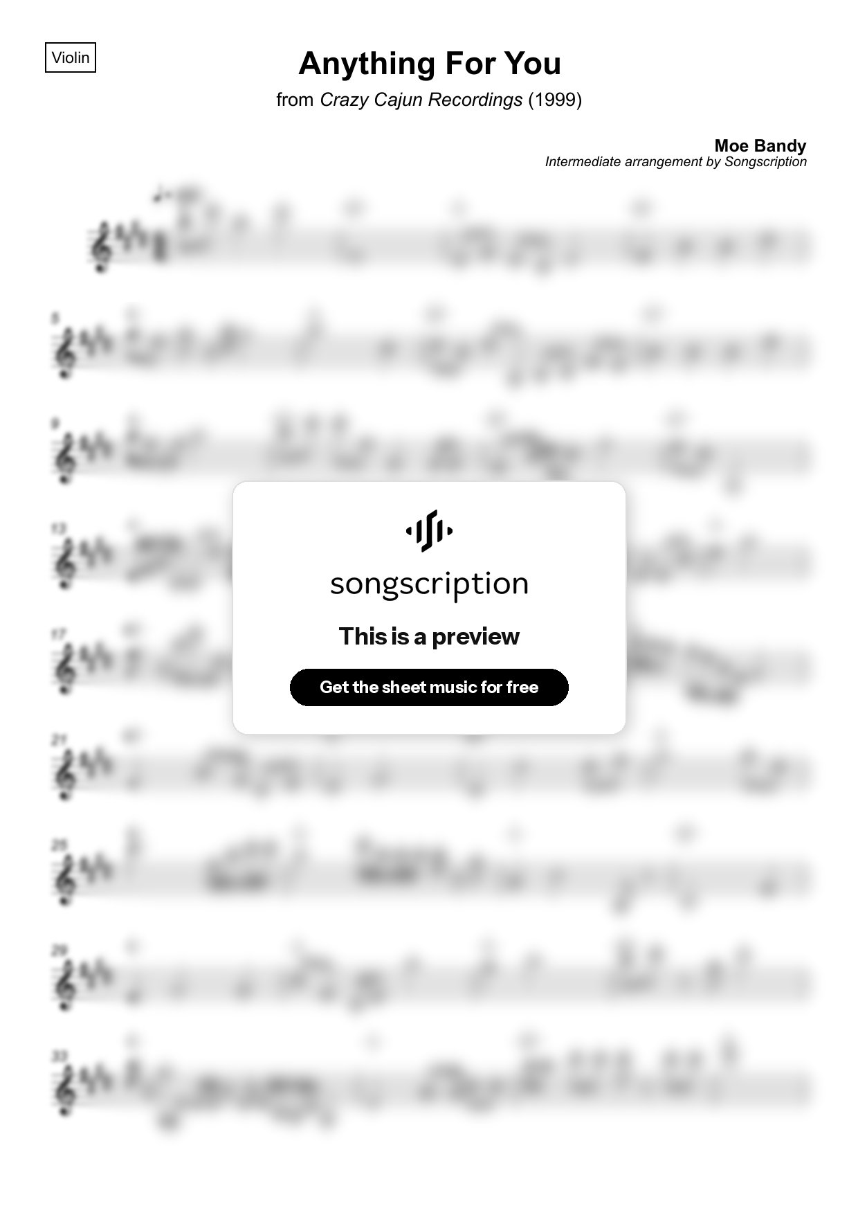 Intermediate Violin Sheet Music for "Anything For You" by Moe Bandy