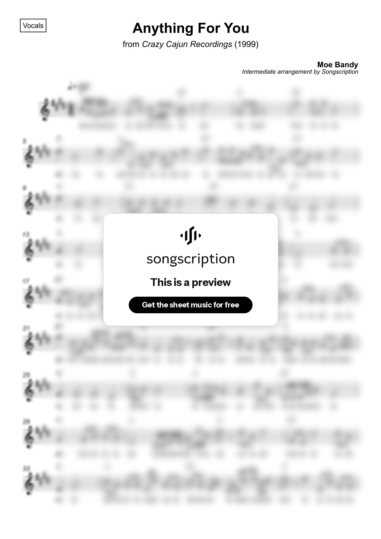 Intermediate Vocals Sheet Music for "Anything For You" by Moe Bandy