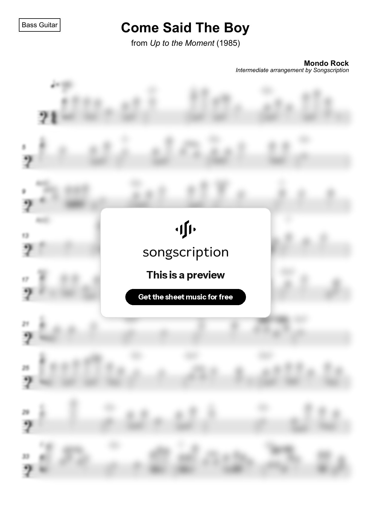 Intermediate Bass Guitar Sheet Music for "Come Said The Boy" by Mondo Rock