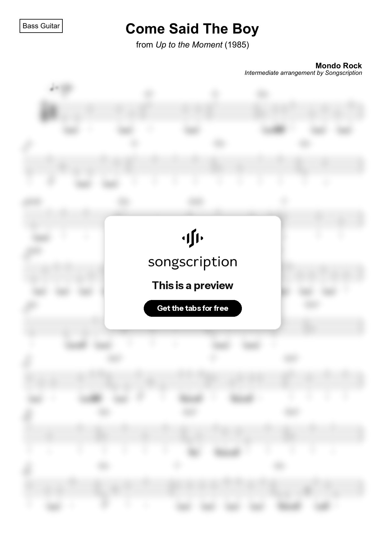 Intermediate Bass Guitar Tabs for "Come Said The Boy" by Mondo Rock